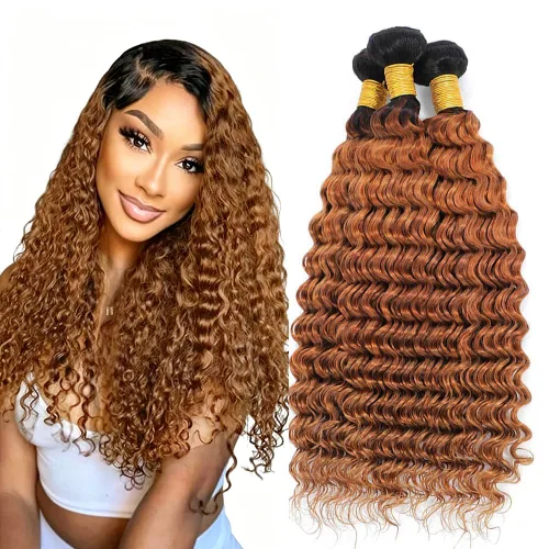 Vista 90 de P4613 Cabello humano rizado onda profunda marrón y paquetes mixtos 8 10 12 P4613 Ombre Marrón-Rubio-DP