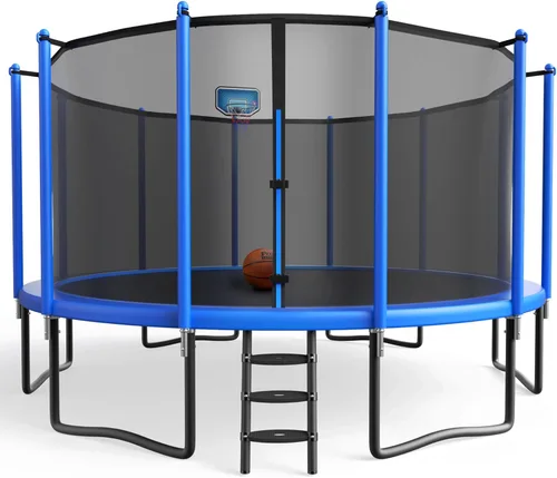 Vista 11 de YORIN Trampolín al aire libre【Espesor mejorado】16 pies, 15 pies, 14 pies, 12 pies, 10 pies, 10 pies con aro de baloncesto de 1500 libras, aprobado