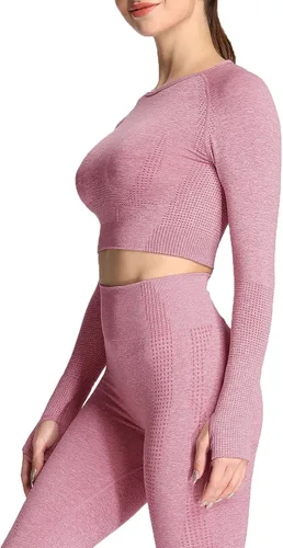 Vista 2 de Aoxjox - Camisetas de manga larga para mujeres Vital 1.0 y 2.0, camiseta tipo ombliguera de entrenamiento, sin costuras