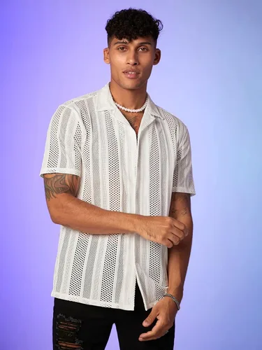 Vista 5 de WDIRARA Camiseta de manga corta con botones frontales y encaje floral para hombre