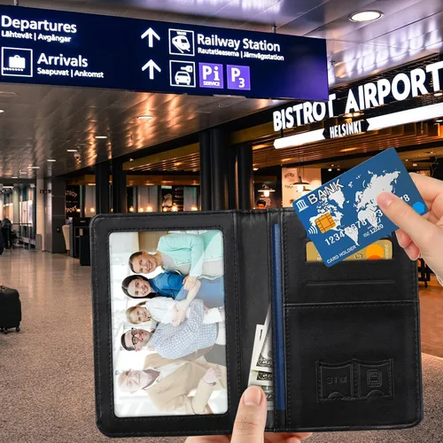 Vista 5 de Funda para pasaporte, cartera de viaje para tarjetas de crédito, bloqueo RFID, carteras para pasaporte para mujeres y hombres con ranura para fotos
