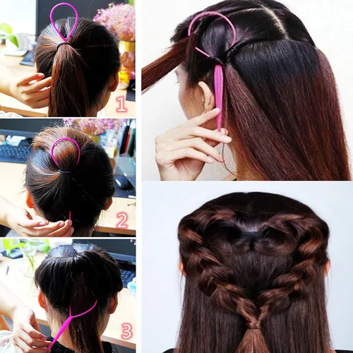 Vista 4 de Juego de 6 herramientas de bucle para el cabello con 4 herramientas para la cola del cabello, lazo de herramienta de trenza francesa, 2 pines