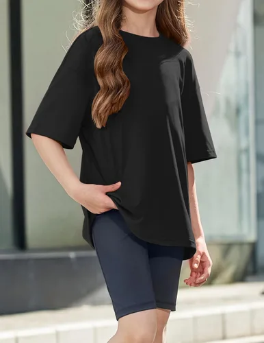 Vista 5 de Arshiner Camisetas de gran tamaño para niñas, camisetas básicas suaves y casuales de verano Negro