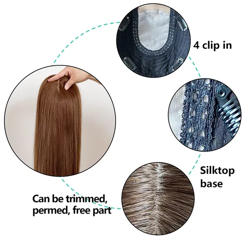 Vista 4 de Toppers de cabello humano para mujer, base plateada de 12 pulgadas, 6 x 6.5 pulgadas con trama para mujeres con pérdida de cabello, cabello delgado