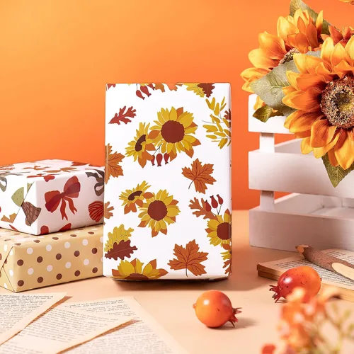 Vista 6 de RUSPEPA Hojas de papel de regalo de otoño, diseño de calabaza, girasol, hojas y cuadros, papel de regalo para Acción de Gracias, cumpleaños, regalos