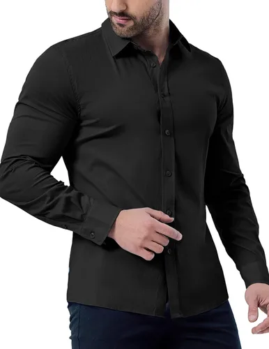Vista 2 de ZAFUL Camisas de vestir para hombre, ajustadas, con botones, de manga larga, con cuello elástico, de algodón, sin arrugas, con botones
