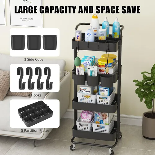 Vista 5 de Devo Carrito con ruedas de 4 niveles, carrito de almacenamiento resistente, con asa, 4 ganchos laterales, 2 tazas de almacenamiento y ruedas