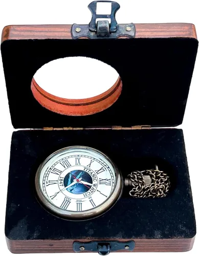 Vista 5 de Generic Hassanhandicrafts Reloj de bolsillo de latón antiguo antiguo con esfera de barco Titanic con caja de madera