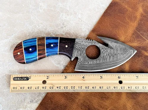Vista 5 de WINTERFELL Cuchillo de acero de Damasco con gancho de tripa de hoja fija con mango de madera, cuchillo de caza de 7 pulgadas con funda de cuero