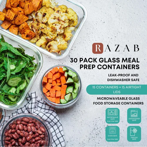 Vista 8 de Razab 30 unidades de recipientes de vidrio para almacenamiento de alimentos con tapas - Recipientes reutilizables de vidrio para preparación