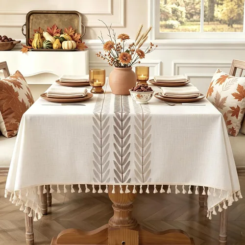 Vista 9 de Laolitou - Mantel de lino de algodón impermeable para mesa de comedor, rústico, estilo de granja, mantel rectangular para cocina, mesas de café