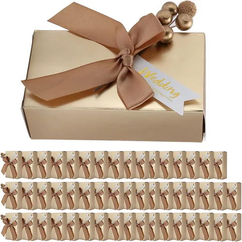 Vista 8 de Cajas de recuerdos de fiesta con lazo, 50 unidades, cinta de champán, caja de regalo de papel de caramelo, bolsas rectangulares con purpurina