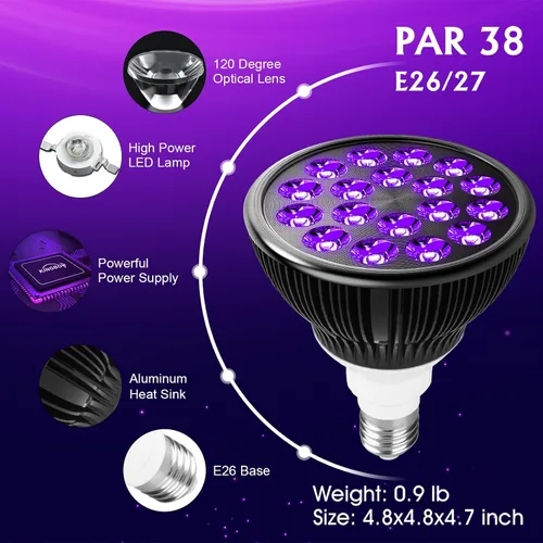 Vista 3 de KINGBO Bombilla negra, bombillas LED de 36 W E26 PAR38 que brillan en la oscuridad, LED de 395 nm para fiesta de luz negra, arte fluorescente