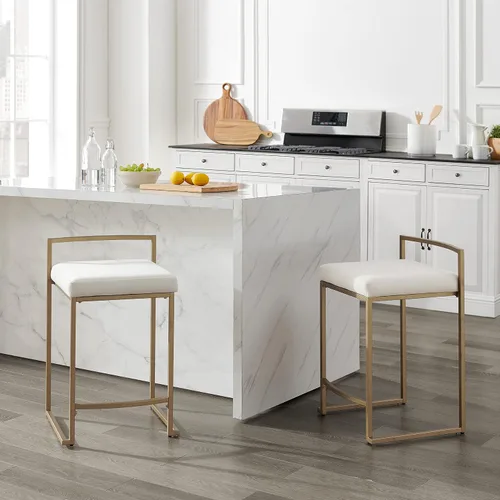 Vista 8 de Crosley Furniture Harlowe - Juego de 2 taburetes de bar tapizados con altura de mostrador, cocina y comedor, crema y dorado