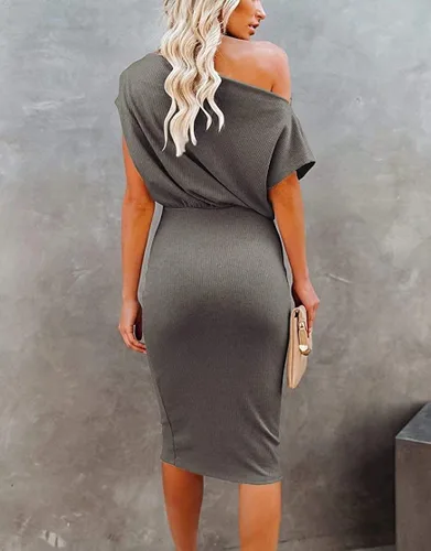 Vista 6 de Ezbelle - Vestido por debajo de la rodilla ajustado al cuerpo para mujer, con hombro descubierto y manga corta, vestido acanalado informal