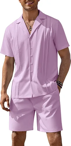 Vista 11 de COOFANDY Conjunto corto de 2 piezas para hombre, camisa con botones Guayabera, casual, trajes de playa de verano Verde militar