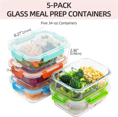 Vista 2 de [Paquete de 5, 34 onzas] Juego de recipientes de vidrio con tapa y 2 compartimentos Glass Storage Containers, Airtight Lunch Boxes with 2 Dividers