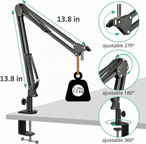 Vista 4 de Soporte de micrófono AT2020, brazo de micrófono ajustable con soporte de choque, parabrisas de espuma y bridas para cables, para AT2020 AT2020USB