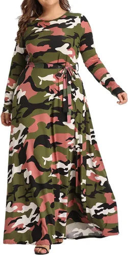 Vista 2 de Vestido largo de camuflaje de talla grande para mujer, vestidos largos estampados de manga larga