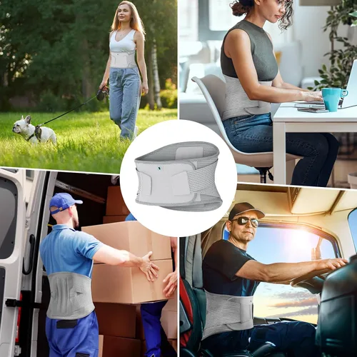 Vista 5 de NEENCA Soporte de compresión para dolor de espalda baja, hernia de disco, tensión lumbar, soporte lumbar transpirable para el trabajo, Gris