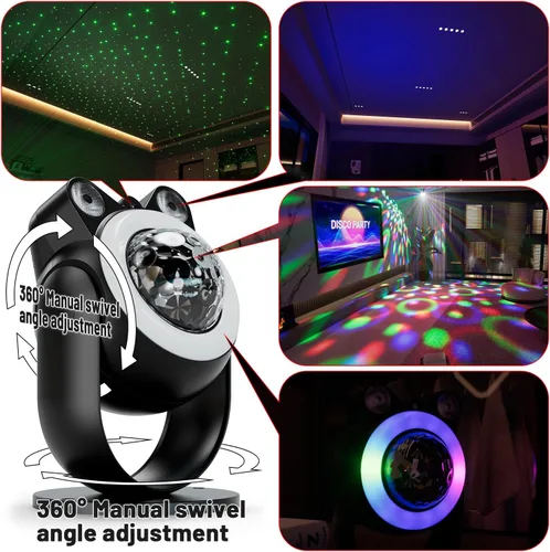 Vista 4 de Luces de fiesta DJ, luz de discoteca, bola de discoteca con proyector de estrellas, luces estroboscópicas activadas por sonido para fiestas, bar