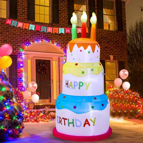 Vista 2 de Pastel inflable de feliz cumpleaños de 6 pies con velas, luces LED integradas, adecuado para decoración de césped en interiores y exteriores