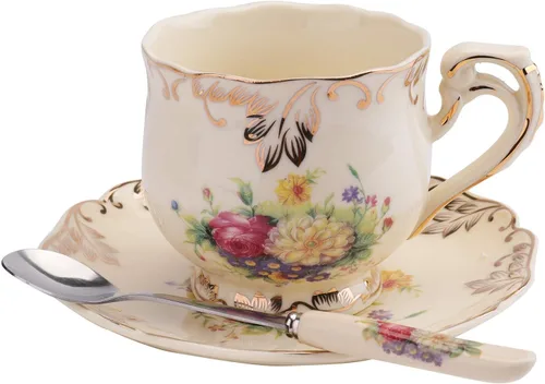 Vista 4 de Foraineam Juego de 2 tazas de té y platillo, 8 oz. Arbustos florecientes de cerámica marfil Taza de té de porcelana floral elegante juego de taza