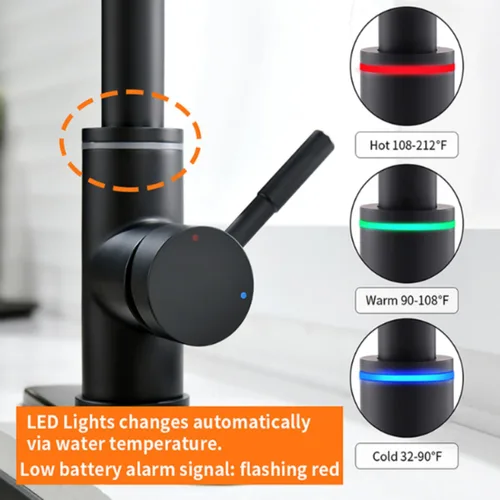 Vista 2 de Grifo de cocina táctil, rociador desplegable de 3 modos, sensor activado, válvula de cerámica, control de temperatura LED, rotación de 360 grados
