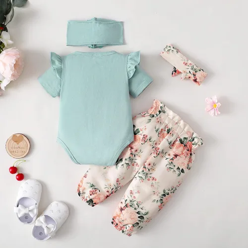 Vista 5 de SUNNY PIGGY Ropa para bebé recién nacida, con volantes, mameluco de algodón floral, conjunto de pantalones de algodón para niñas