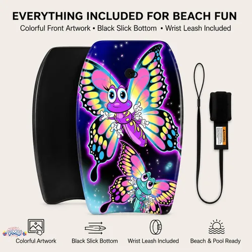 Vista 6 de PMU Bodyboard estampado con gráficos, correa de muñeca ligera, parte inferior lisa para playa, mar y piscina, tabla de surf para niños, adolescentes