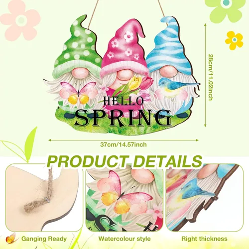 Vista 3 de Kathfly Letrero de madera con texto en inglés «Hello Spring» para puerta delantera, gnomo, tulipán, colgante de pared, corona de primavera, letrero