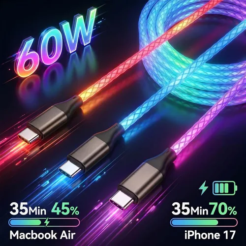 Vista 2 de Cable USB C a USB C, cable de carga rápida que se ilumina siempre encendido Azul