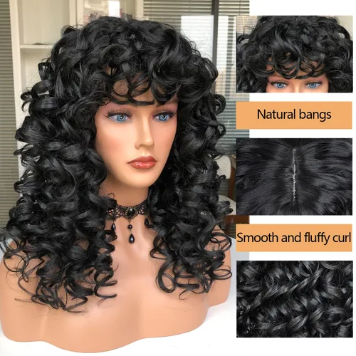 Vista 6 de Pelucas afro rizadas para mujeres negras, peluca larga y rizada con flequillo, fibra sintética esponjosa, sin pegamento, para cosplay y uso diario