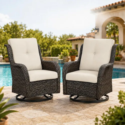 Vista 93 de HUMMUH Juego de 2 Sillas Giratorias Mecedoras de Mimbre para Patio Exterior, Juego de Muebles de Sillas Mecedoras de Ratán (Marrón, Azul) 50,000