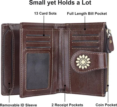 Vista 4 de Lavemi Cartera de cuero para mujer, pequeña, compacta, con bloqueo RFID, con bolsillo con cremallera