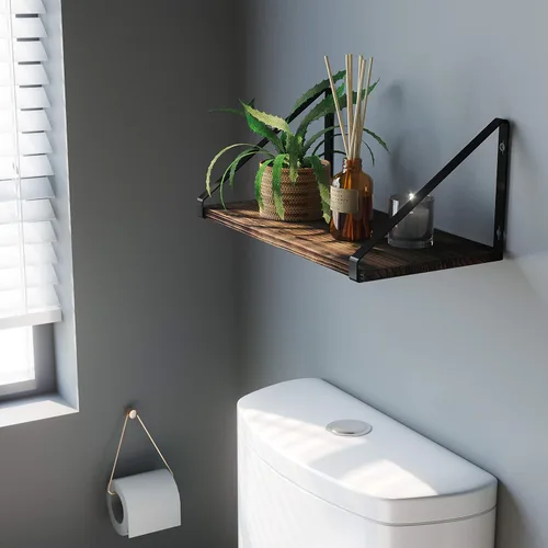Vista 6 de BAMEOS Estantes flotantes de madera rústica para pared con soporte de metal, estantes montados en la pared para sala de estar, oficina y dormitorio
