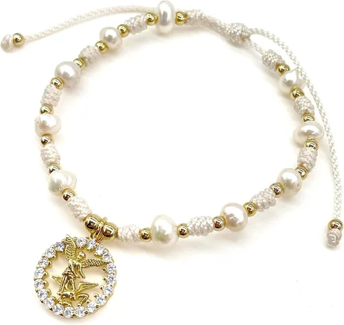 Vista 4 de Medalla colgante de arcángel de San Miguel en cordón ajustable de marfil y perlas de agua dulce pulsera ajustable