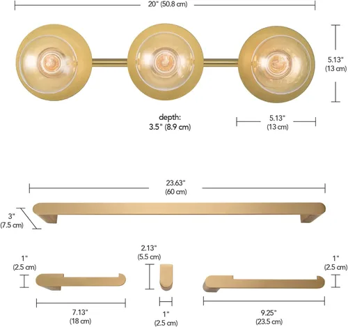 Vista 4 de Globe Electric 63000009 - Juego de baño todo en uno de 5 piezas, latón mate, luz de tocador de 3 luces de 20 pulgadas, toallero, anillo de toalla