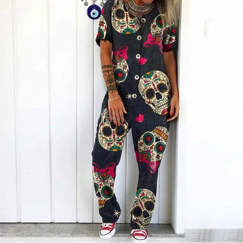 Vista 13 de PAODIKUAI Overol casual con estampado de calavera para mujer, overol suelto con bolsillos