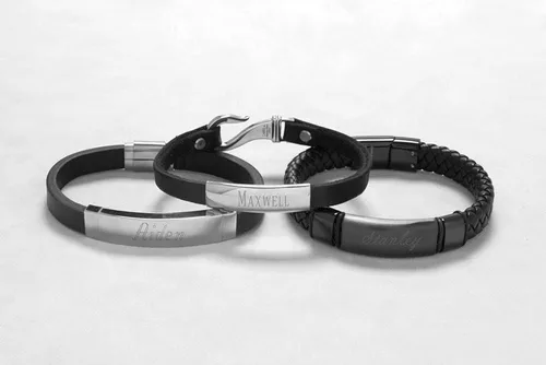 Vista 4 de EVES ADDICTION Pulseras grabadas personalizadas para hombres Pulsera de identificación negra de cuero para hombre Pulsera con nombre Personalizar