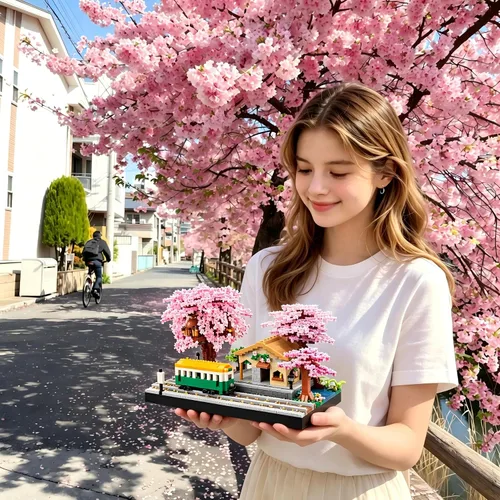 Vista 6 de Juego de bloques de construcción de micro bloques de construcción japoneses de cerezo en flor para adultos, modelo de mini ladrillos, casa