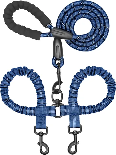 Vista 7 de iYoShop Correa doble para perro, giratoria de 360°, correa para caminar sin enredos con elástico absorbente de golpes para dos perros