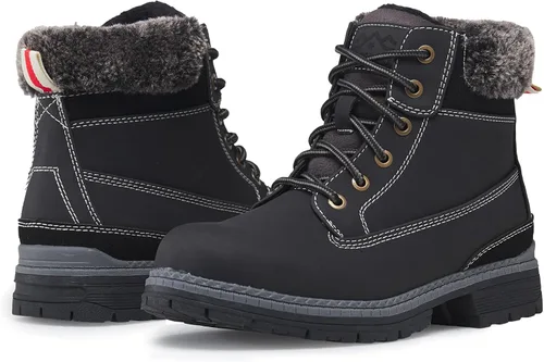 Vista 6 de Botas de invierno para senderismo en la nieve para mujer, botas de trabajo de combate marrones casuales, botas de tobillo antideslizantes con forro