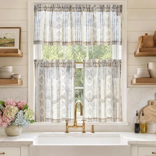 Vista 13 de Jinchan - Juego de cortinas y cenefas de cocina estilo bohemio negro sobre beige y bolsillo para barra Boho Negro sobre Beige
