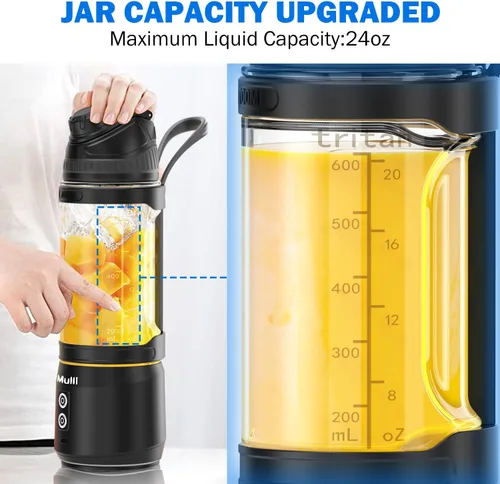 Vista 5 de Mulli Batidora portátil, licuadora de viaje de 24oz para batidos y licuados, mezclador recargable por USB con tapa para viajes y gimnasio