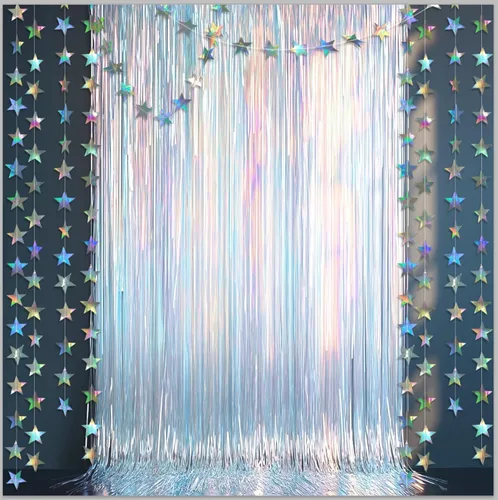 Vista 3 de Cheerland Decoraciones de fiesta iridiscentes holográficas de oropel telón de fondo de estrellas brillantes con purpurina para decoración