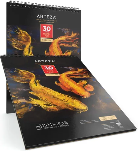Vista 6 de ARTEZA Cuaderno de bocetos en espiral de 11 x 14 pulgadas, bloc de dibujo de papel de arte negro, paquete de 2 unidades de 30 hojas para dibujar