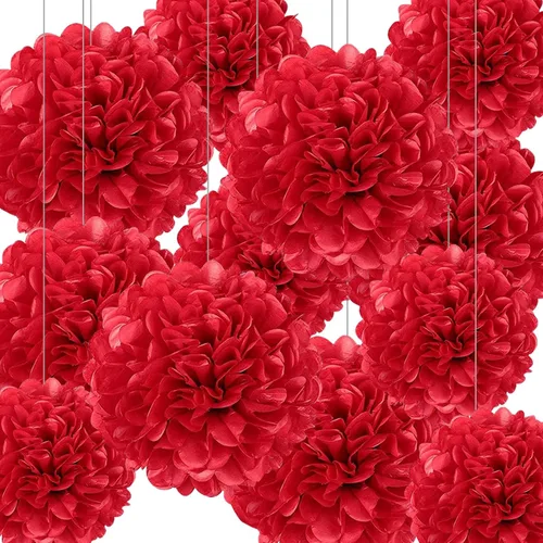 Vista 10 de 12 pompones de papel de seda azules para colgar, pompones de flores para decoración de fiesta de techo