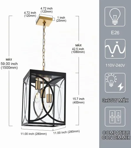 Vista 4 de Lámparas colgantes para exteriores, moderna linterna colgante exterior de 3 luces, panel de cristal transparente, candelabro grande negro para Negro
