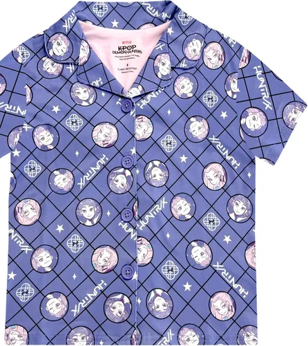 Vista 3 de KPop Demon Hunters - Conjunto de pijama para niñas, 2 piezas con botones, manga corta y pantalones cortos, ropa de dormir suave, producto